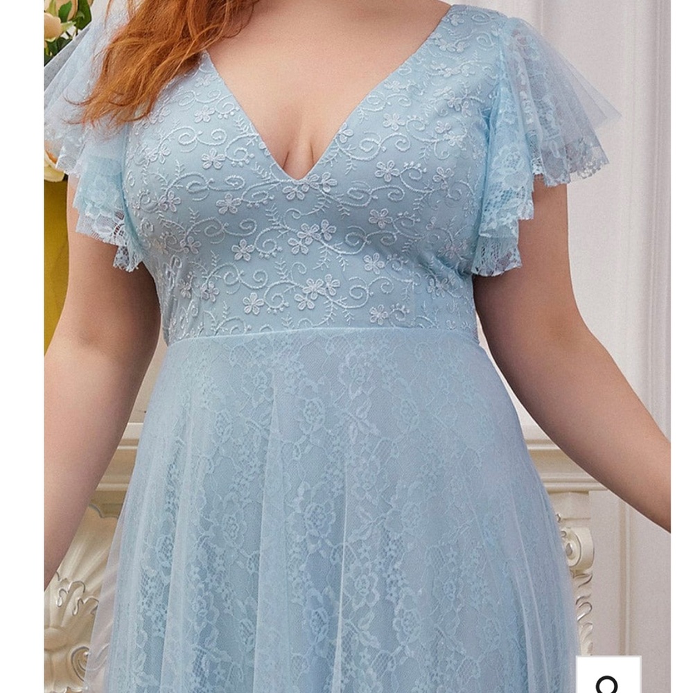 Double V Neck Long Lace  Dress with Ruffle Sleeves in color sky blue - size 16